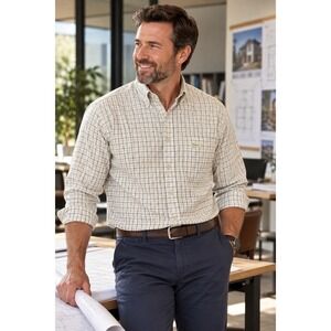 Faconnable Men Beige Green Plaid Button Down Shirt M Business Casual Work Office